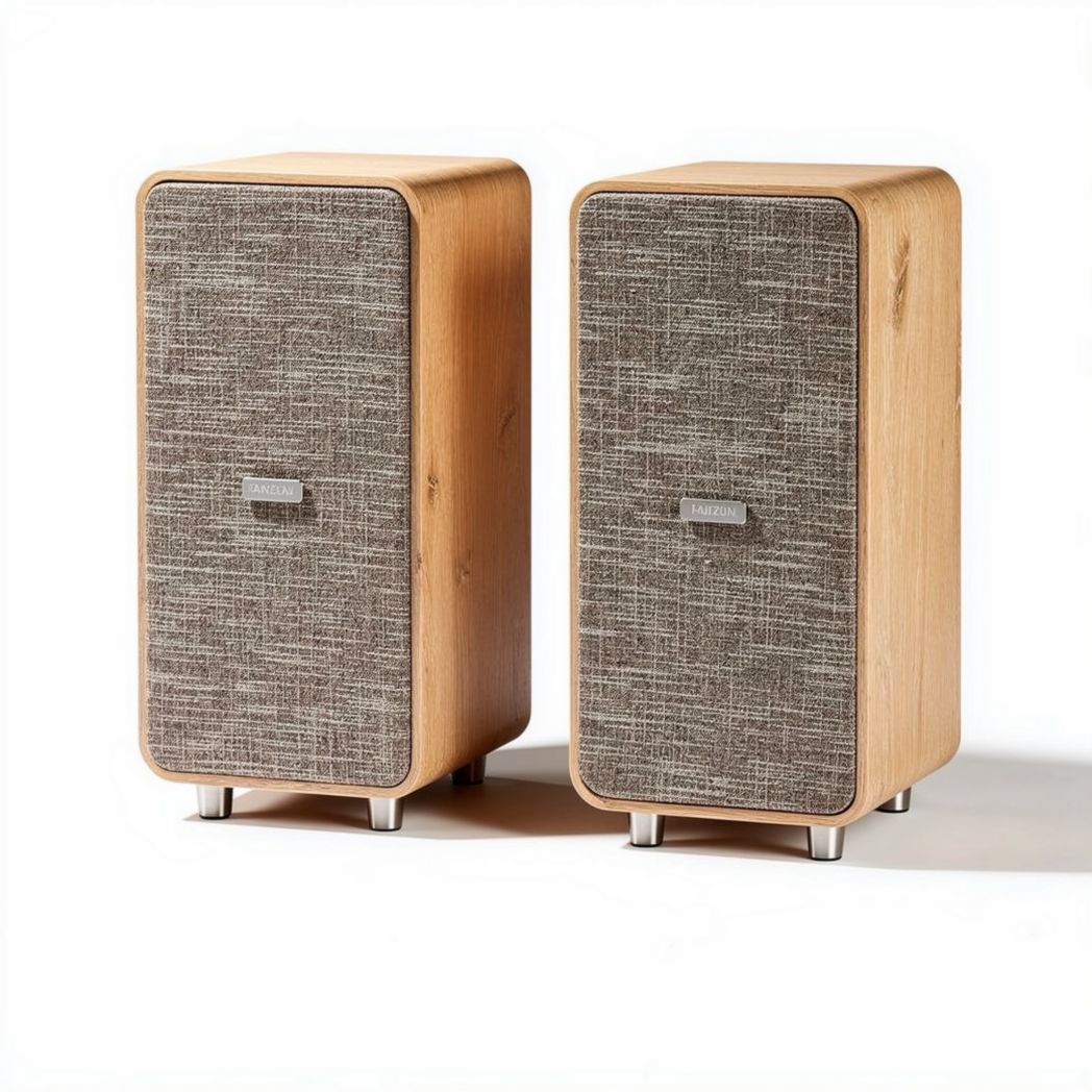 Coppia di diffusori in legno e tessuto grigio dimensioni 25 x 15 x 40cm