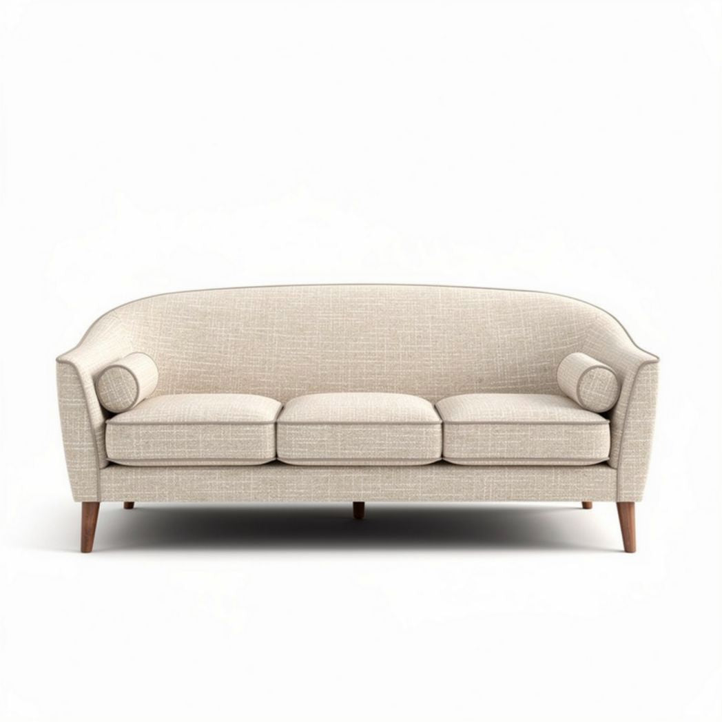 Divano tre posti in tessuto beige con cuscini rotondi dimensioni 190 x 85 x 80cm