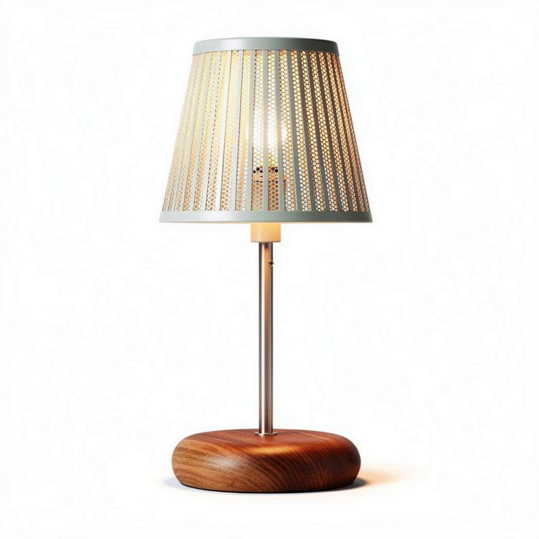 Lampada da tavolo in metallo con paralume a rete e base in legno 15 x 15 x 30cm