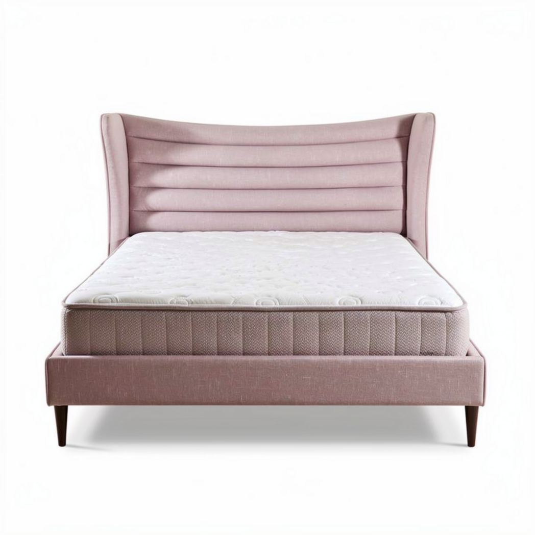 Letto matrimoniale in tessuto rosa con testiera alta 200 x 160 x 100cm