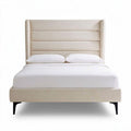 Letto matrimoniale imbottito in tessuto beige con testiera alta 200 x 160 x 120cm