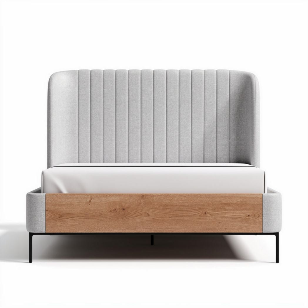 Letto matrimoniale in tessuto grigio con testiera imbottita e base in legno 200 x 160 x 120cm
