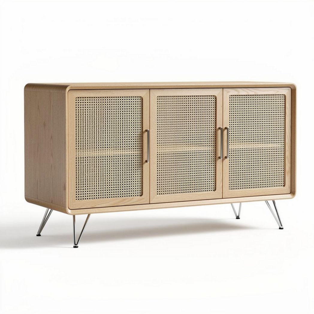 Madia in legno con ante in rattan 150 x 45 x 70cm color naturale